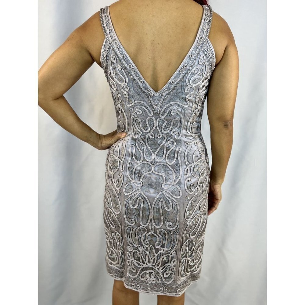 Sue Wong Gray Silver Beaded Sheath Lace Cocktail Dress $395 - Picture 9 of 14